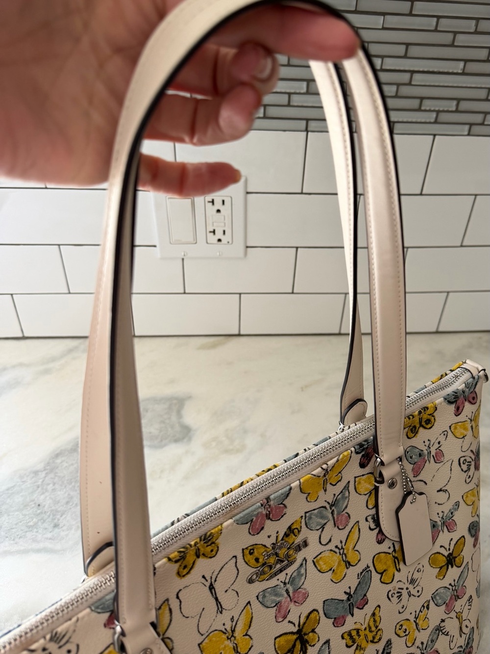 Coach Cream Tote with Yellow and Pale Pink Butterfly Print - Picture 9 of 9